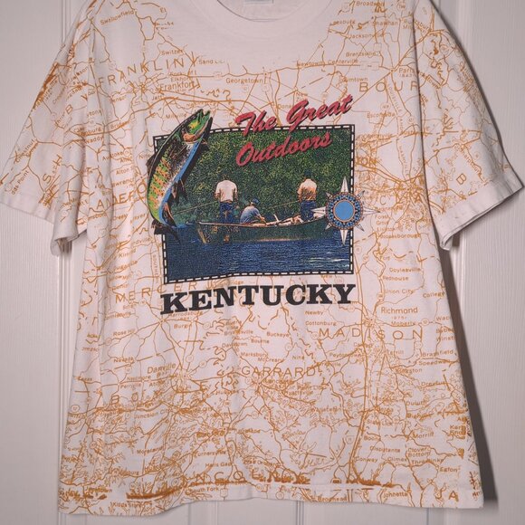 VINTAGE Kentucky The Great Outdoors Map USED Shirt (XL, Single Stitch, AOP) - Picture 6 of 7